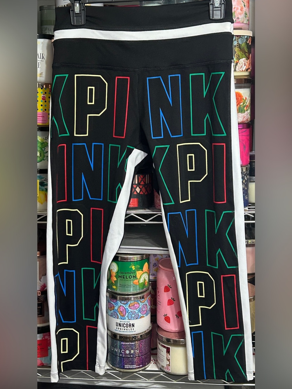 PINK Victoria's Secret Black Capri Leggings with Multicolor Logo HTF